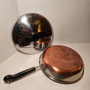 MCM Vintage 70s  Revere Ware 9 Inch Skillet Pan Lid Copper Clad Bottom 1801 USA